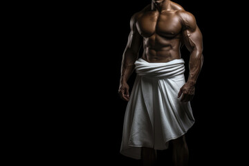 Large Muscular Man Wearing White Towel Over His Hips On Black Background. Generative AI - obrazy, fototapety, plakaty