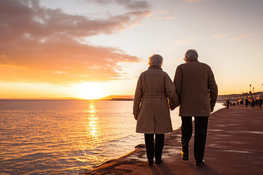 Elderly Man And Woman Walking Hand In Hand Along The Ocean At Sunset, Rear View. Generative AI