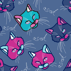 seamless pattern with multicolored cats and lettering