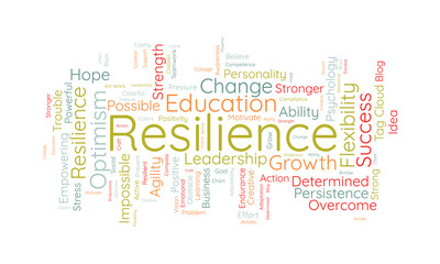 Word cloud background concept for Resilience. Education effort, positive changes and flexibility endurance, success of resilient determination. vector illustration