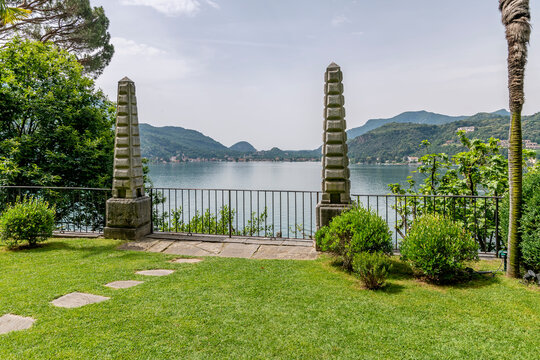 View of Lake Lugano, Switzerland, from Parco Scherrer, Morcote, with Porto Ceresio, Italy, in the background