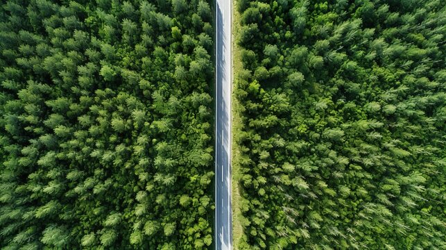Top drone view of a road in a green forest in summer. Ai generative art