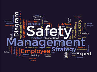 Word cloud background concept for Safety management. Strategic consulting diagram for effective business inspection. vector illustration.
