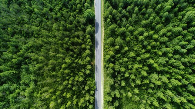 Top drone view of a road in a green forest in summer. Ai generative art