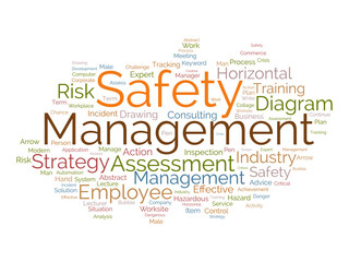 Word cloud background concept for Safety management. Strategic consulting diagram for effective business inspection. vector illustration.