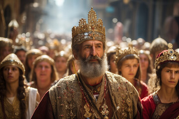 Fototapeta premium religious procession, where icons are carried with reverence and accompanied by faithful followers Generative AI