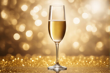 Glass of champagne over golden background