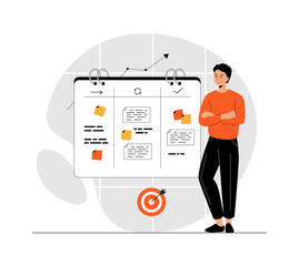 Business planning. Man planning tasks, appointment or assignment in a planner. Time organization for performance efficiency. Illustration with people scene in flat design for website or mobile develop