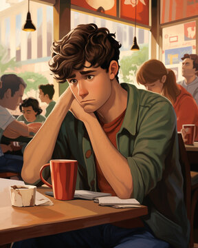 A person with social anxiety is sitting alone in a crowded coffee shop, mental health images, cartoon illustration art