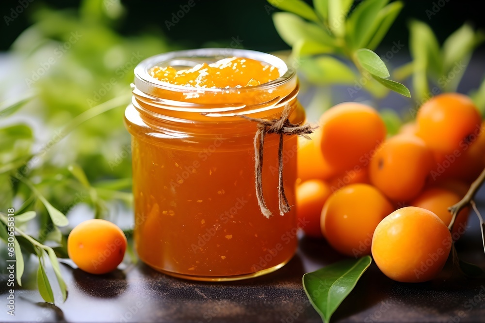 Sticker Golden Delight in a Jar: A close-up view of luscious apricot jam glowing in a glass jar, a symbol of preserved summer sweetness