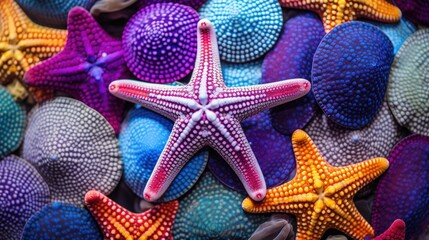 Sea star underwater on the bottom of the sea. Starfish colorful marine life close up detailed neon vivid colors. AI illustration.