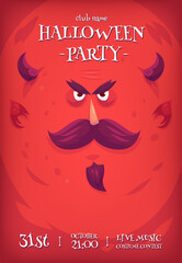 Halloween vertical background with cute red devil or devil with mustache, horns and beard. Halloween party flyer or invitation template.