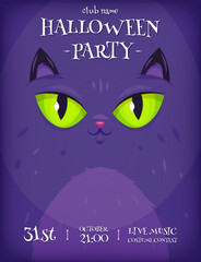 Halloween vertical background with cute cat with smile and green eyes. Halloween party flyer or invitation template.