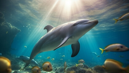 underwater world dolphin at the bottom of the ocean close up sunlight shine through water made with Generative AI