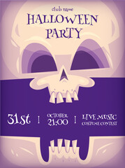 Halloween vertical background with cute skull with open mouth with teeth on dark background. Halloween party flyer or invitation template.