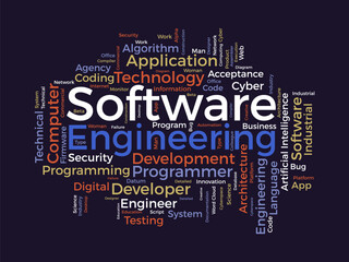 Word cloud background concept for Software engineering. computer programming system, cloud technology development of application management. vector illustration.