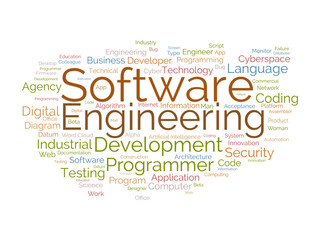 Word cloud background concept for Software engineering. computer programming system, cloud technology development of application management. vector illustration.