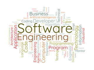 Word cloud background concept for Software engineering. computer programming system, cloud technology development of application management. vector illustration.