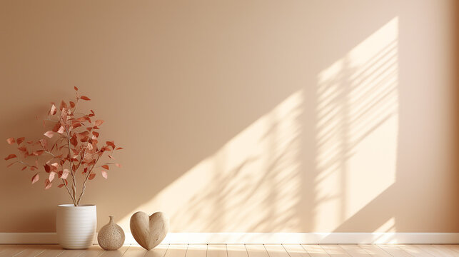 Plant Flowers in Vase Wallpaper Background Template Mental Health Healing Heart Wooden Furniture Home Interior Design Minimalistic Zen Japanese Style Living Room Lovely Warm Beige Raking Light 16:9