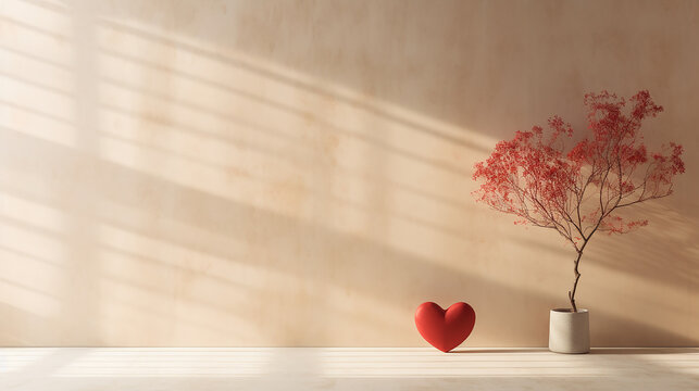 Red Plant in Vase with a Healing Heart Minimalistic Background Wallpaper Template Concept of Mental Health Zen Counseling Psychology Japanese Style Room Warm Beige Raking Light 16:9