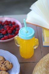 Straw hat, orange soda in the cactus shaped cup, bowl of fresh blueberreis and raspberries, plate of chocolate chip cookies, stack of books and sunglasses in the garden. Selective focus.