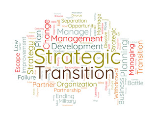 Word cloud background concept for Strategic transition. Business planning progress for change future goal. vector illustration.