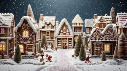 Fototapeta na wymiar A photo of a gingerbread village nestled in a snowy winter wonderland, christmas image, photorealistic illustration