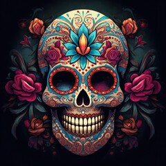 Naklejka premium colorful sugar skull decorated with intricate floral patterns on a dark background. 