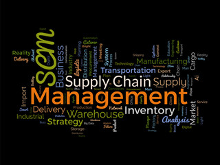 Word cloud background concept for supply chain management (SCM). inventory business, manufacturing industry system of business network. vector illustration.