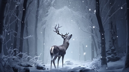 A deer singing carols in a forest clearing, christmas image, photorealistic illustration