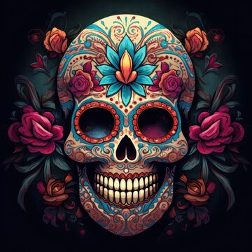 colorful sugar skull decorated with intricate floral patterns on a dark background. 