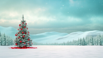 Christmas tree on ski slope in a snowy landscape, christmas image, 3d illustration images