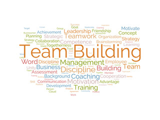 Word cloud background concept for Team building. Motivation coaching management with business assessment. vector illustration.