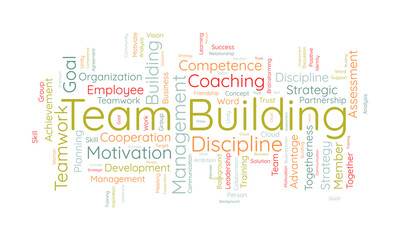 Obraz premium Word cloud background concept for Team building. Motivation coaching management with business assessment. vector illustration.