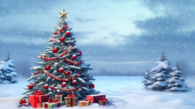 A snowy christmas tree and presents with snowy background, christmas image, 3d illustration images