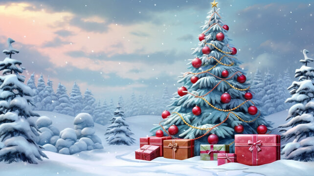 A snowy christmas tree and presents with snowy background, christmas image, 3d illustration images
