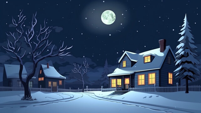 A snowy winter scene with snow trees and house on a white snowy night, christmas image, cartoon illustration art