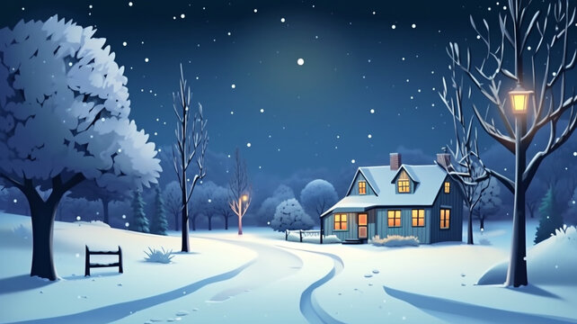 A snowy winter scene with snow trees and house on a white snowy night, christmas image, cartoon illustration art