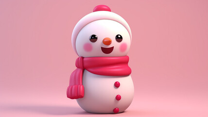 A snowman doll with a red scarf on pink background, christmas image, 3d illustration images