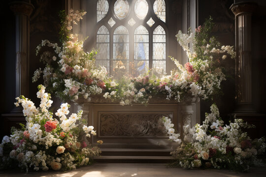 a church altar adorned with fresh flowers, adding a touch of natural beauty and spirituality to the setting Generative AI