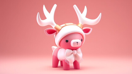 A toy reindeer wearing santa hat for christmas on pink color background, christmas image, 3d illustration images