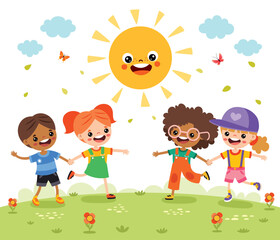 Obraz na płótnie Canvas Kids Playing At Nature With Sun