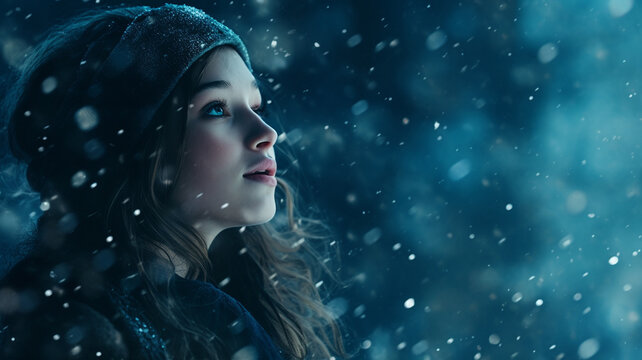 A blue background with snowflakes falling over the image, christmas image, photorealistic illustration