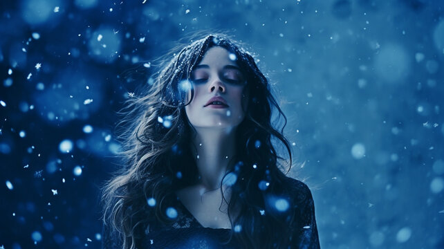 A blue background with snowflakes falling over the image, christmas image, photorealistic illustration