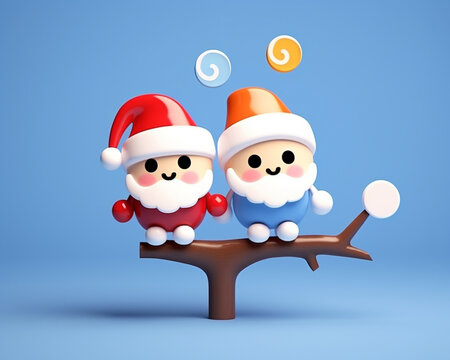 Two chibi santa claus on a twig christmas tree with gifts, christmas image, 3d illustration images