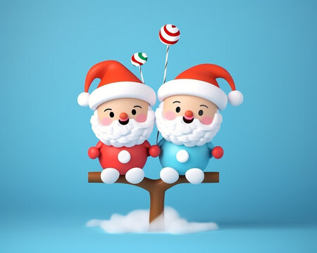 Two chibi santa claus on a twig christmas tree with gifts, christmas image, 3d illustration images