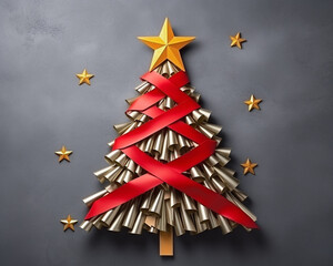 A paper christmas tree made from red ribbons and a gold star, christmas image, photorealistic illustration