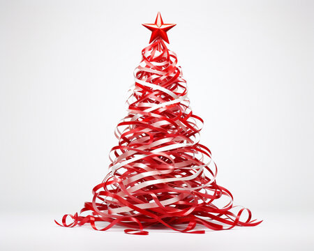 A red christmas tree made with ribbon on a white background, christmas image, photorealistic illustration