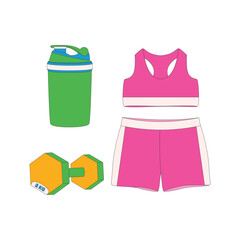Sports top, shorts, sportswear, dumbbells, shaker. Sport equipment. Fitness inventory.