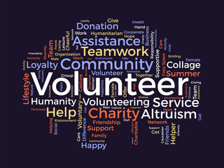 Word cloud background concept for volunteer. Charity support, community help work, care of humanitarian support service. vector illustration.